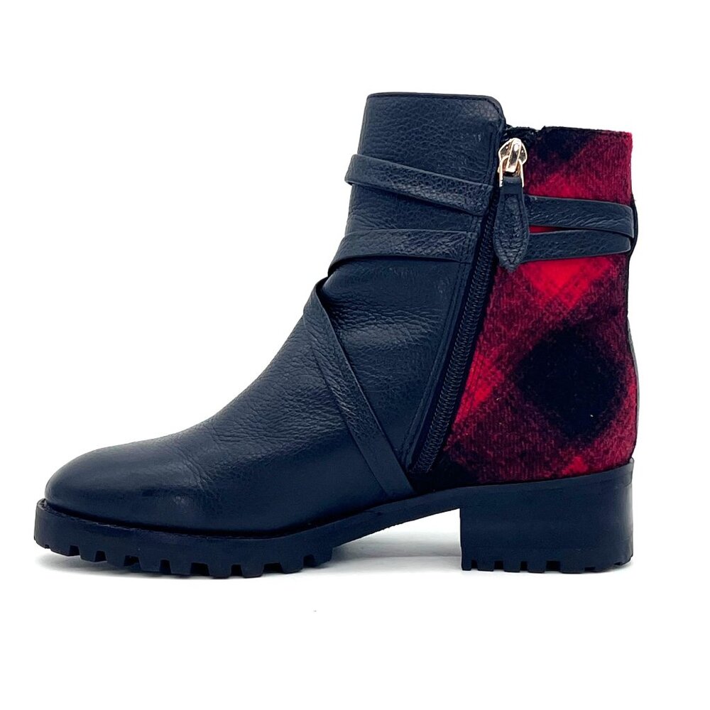 Talbots Black Leather Ankle Boots Womens Size 5M Red Plaid Accent Zip & Buckle - Picture 10 of 14